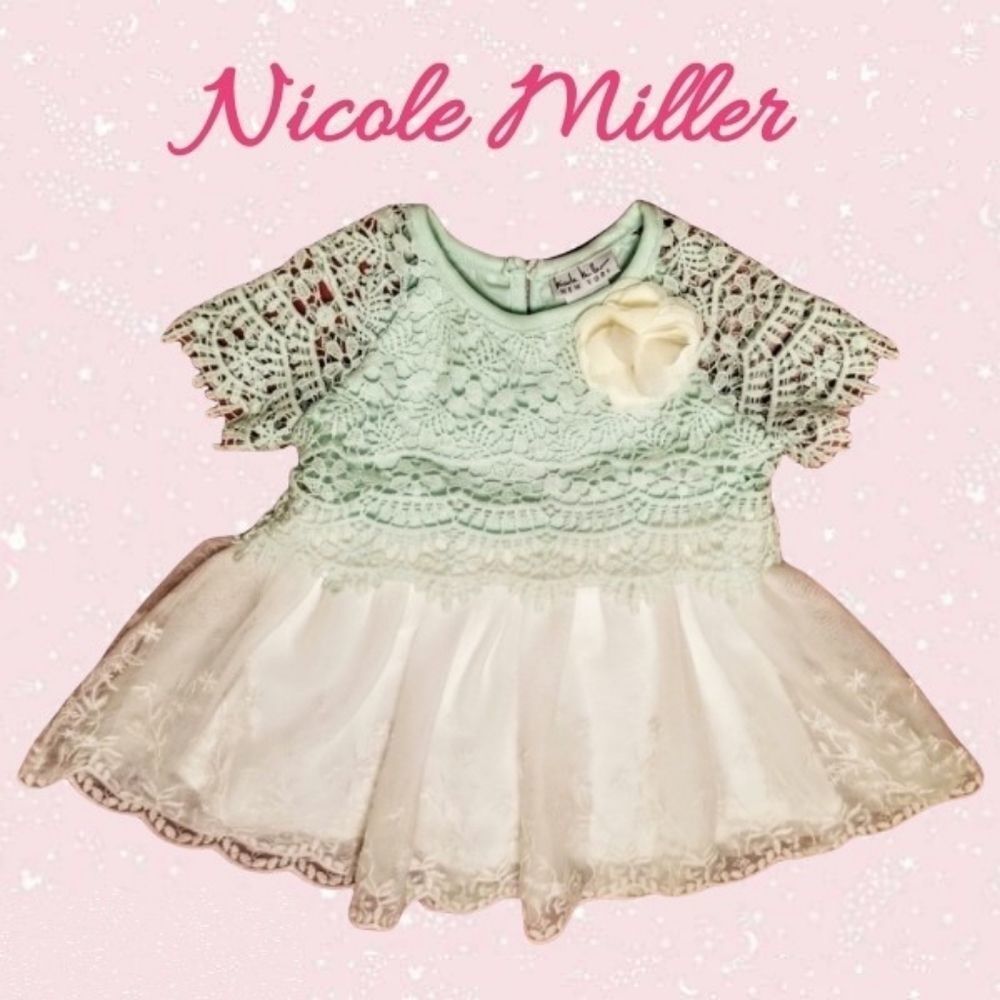 Eyelette & Lace Layered White & Lt Green Nicole Miller NY Designer Baby Dress
